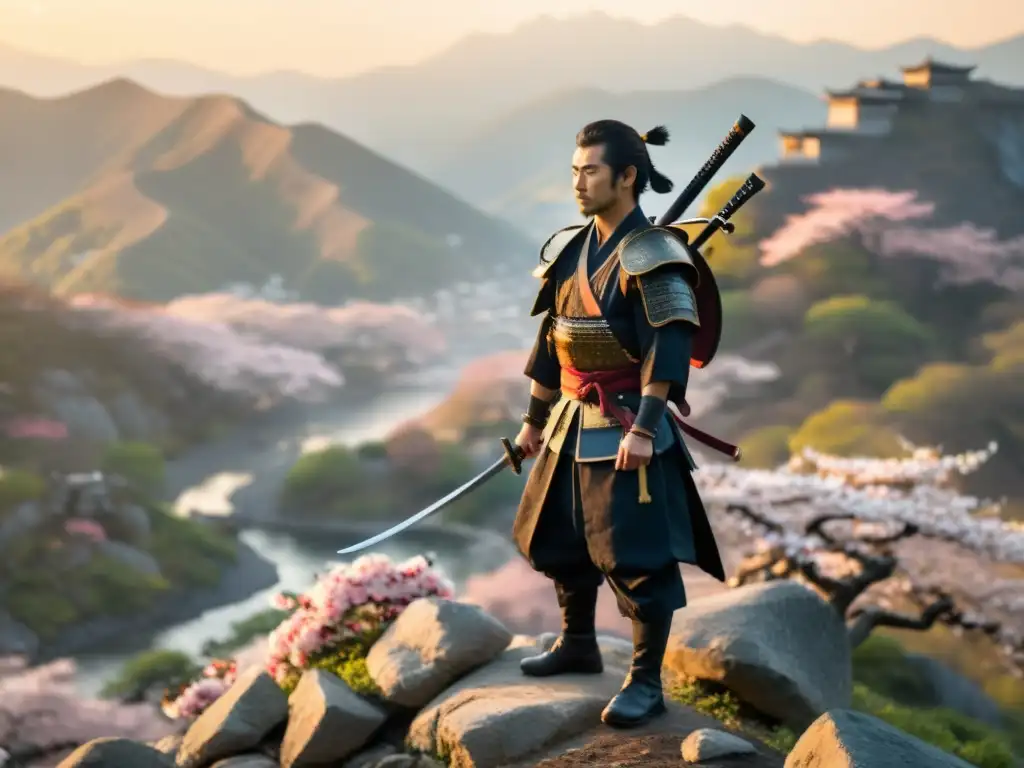 Un samurái japonés contempla un valle de cerezos en flor al atardecer