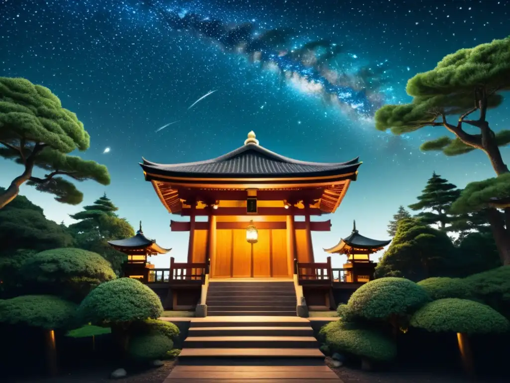 Un santuario Shinto rodeado de árboles, bajo un cielo estrellado con constelaciones y estrellas fugaces