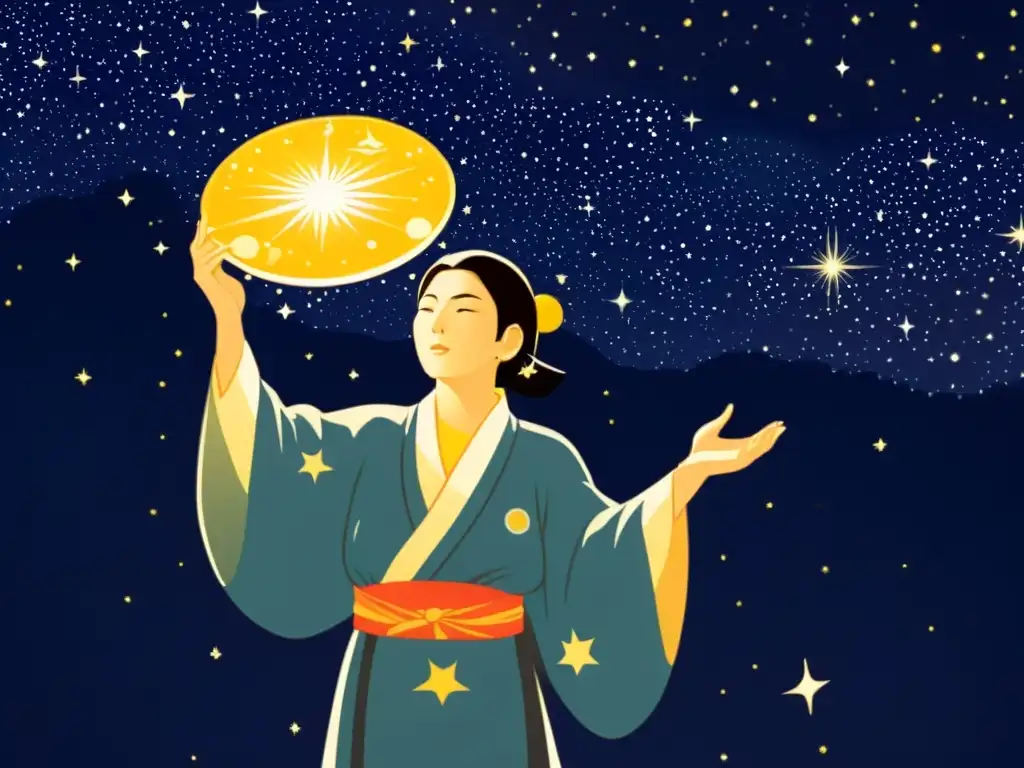 Sarutahiko, deidad japonesa, con mapa celestial y bastón, bajo un cielo estrellado