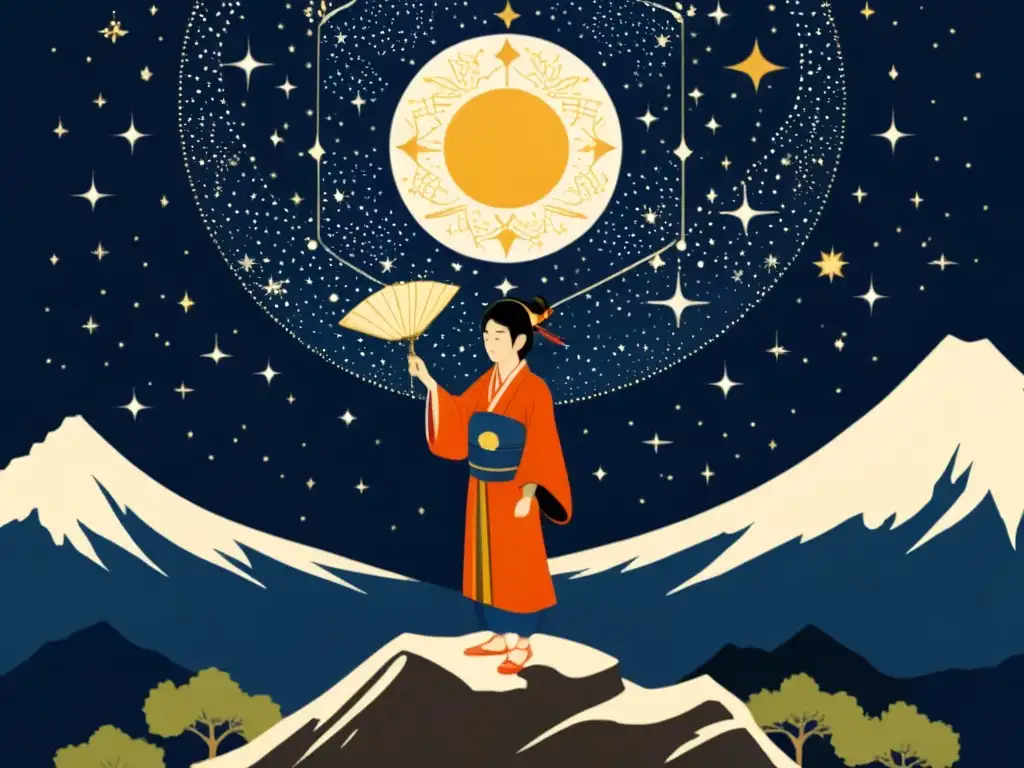 Ilustración vintage de Sarutahiko, dios japonés, en lo alto de una montaña con un mapa celestial, rodeado de naturaleza