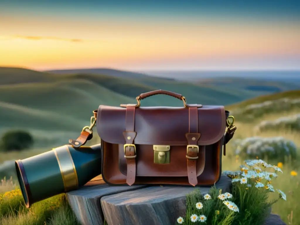 Un satchel de cuero desgastado descansa en una colina al atardecer, con un telescopio de latón y una linterna que ilumina las flores silvestres