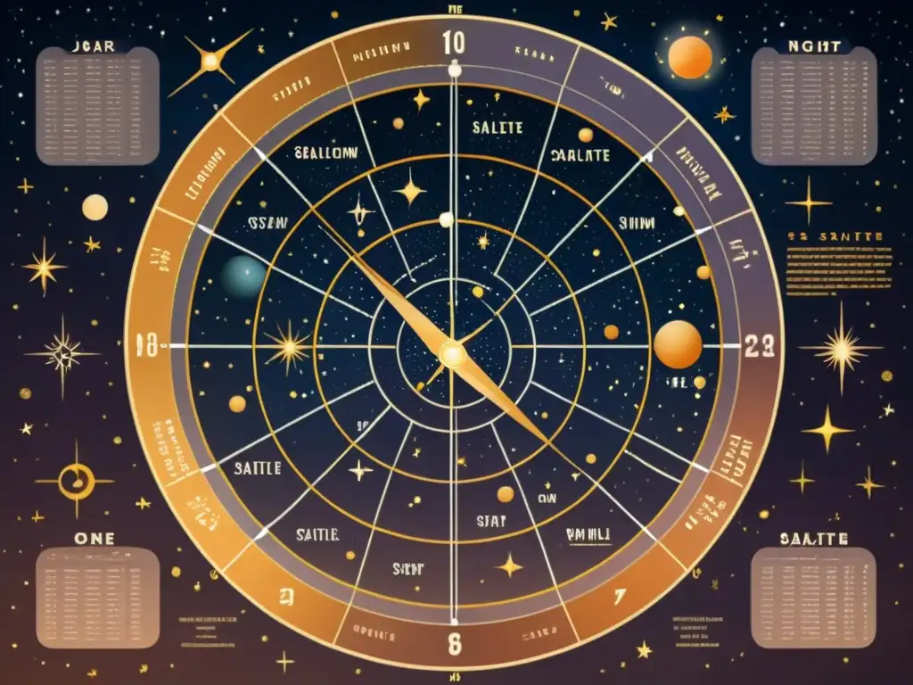 Guía para identificar satélites nocturnos en una detallada carta estelar vintage, con constelaciones, sendas de satélites y una cálida paleta de colores nostálgicos