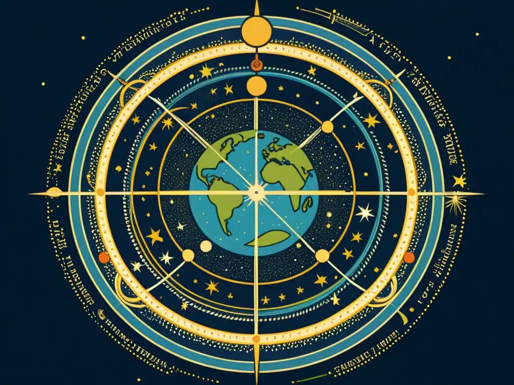 Secreto movimiento constelaciones estrellas: Ilustración vintage del eje terrestre inclinado rodeado de constelaciones, evocando asombro y exploración