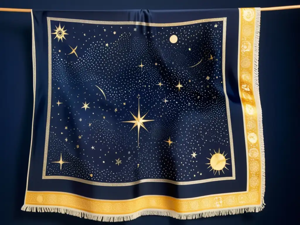 Pañuelo de seda inspirado en constelaciones, con mapa celestial y detalles dorados, en azul profundo y estrellas plateadas