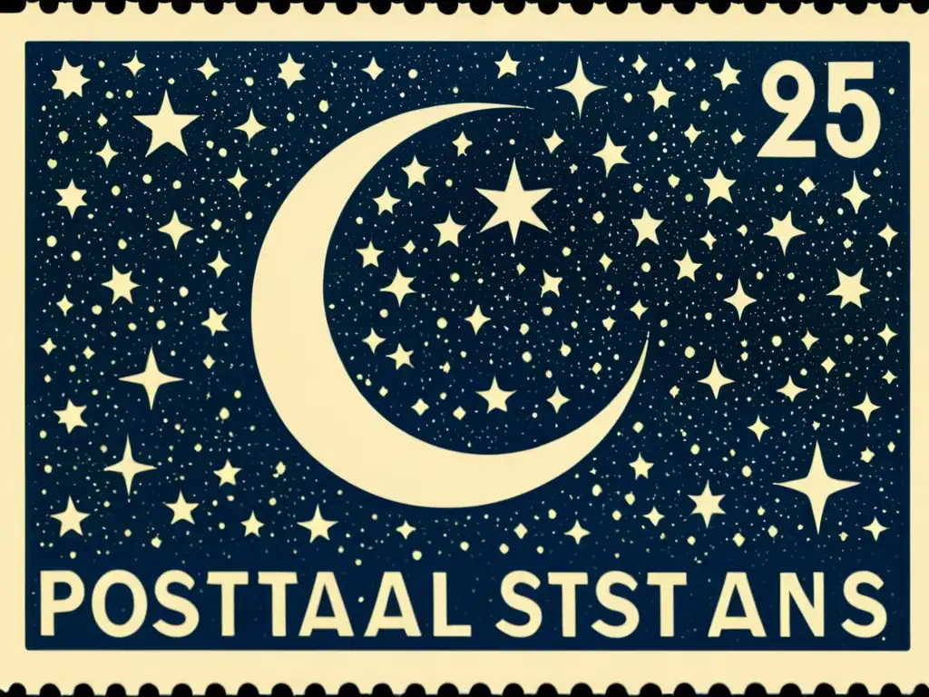 Un sello postal temática estelar detallado, con constelaciones, estrellas fugaces y luna creciente en ricos colores vintage