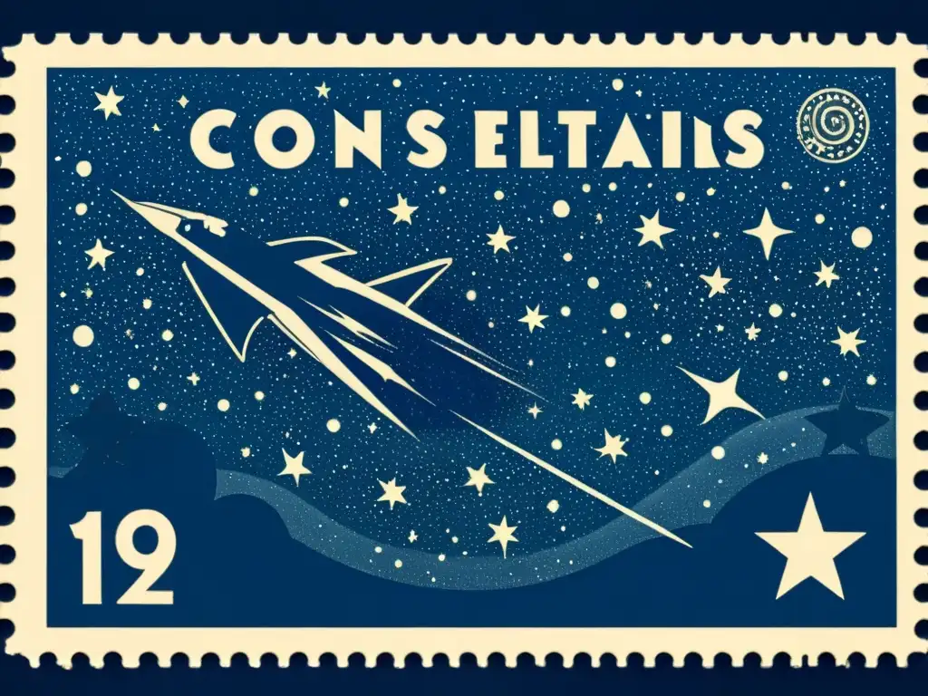 Un sello postal vintage con detallada representación del cielo estrellado, evocando nostalgia y asombro