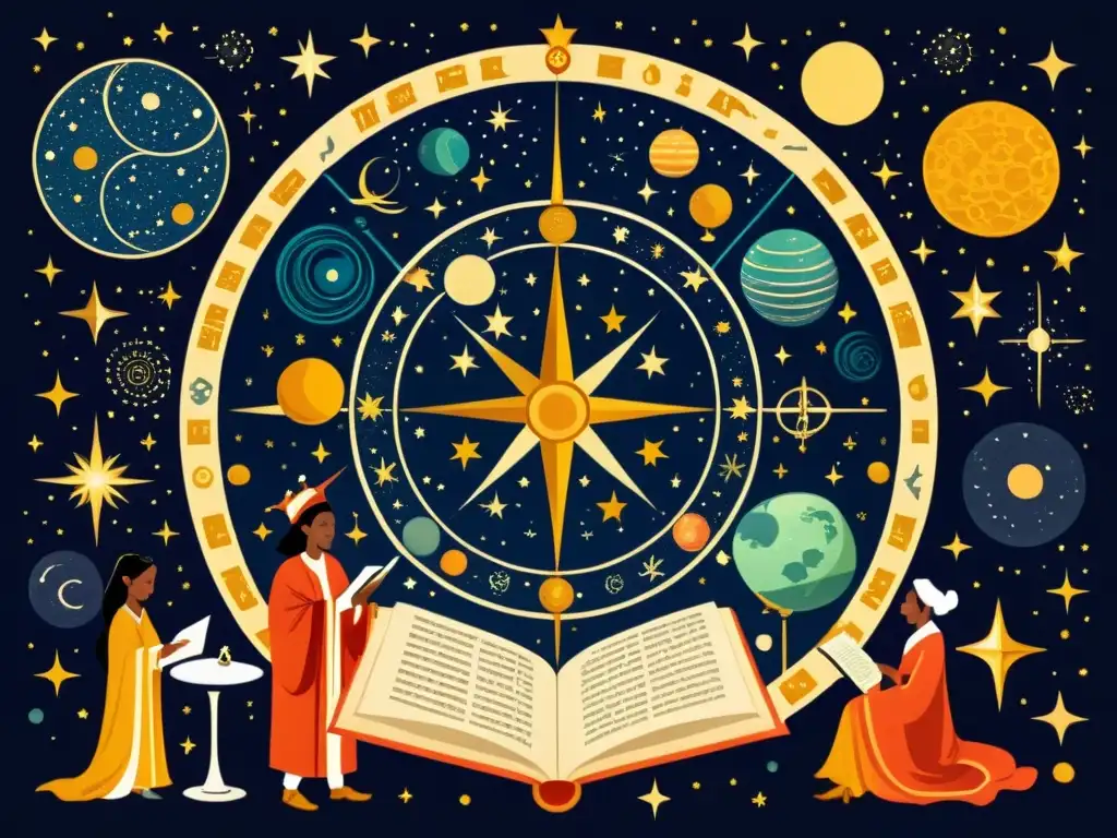 Un seminario de astrología histórica evoca la fascinación eterna por el cosmos, con ilustración vintage de astrólogos estudiando estrellas y planetas