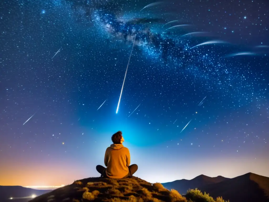 Un ser mítico contempla un cielo estrellado con lluvias de meteoros, evocando asombro y misterio