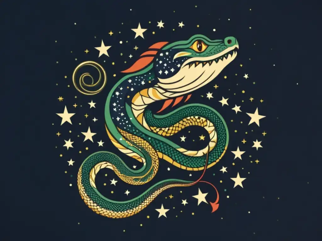 Una ilustración vintage de la Serpiente del Midgard en el cielo nocturno, rodeada de estrellas formando su cuerpo, evocando la mitología astronómica