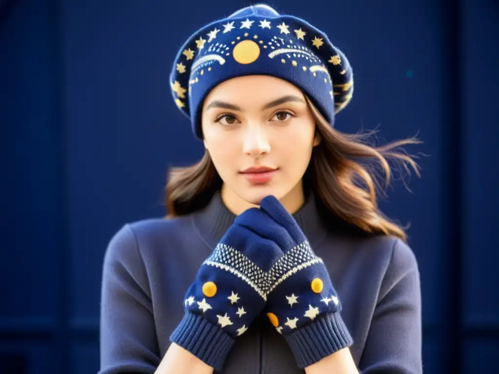 Un set de guantes y gorro tejidos con diseño inspirado en el sistema solar y constelaciones, muestra una artesanía impecable