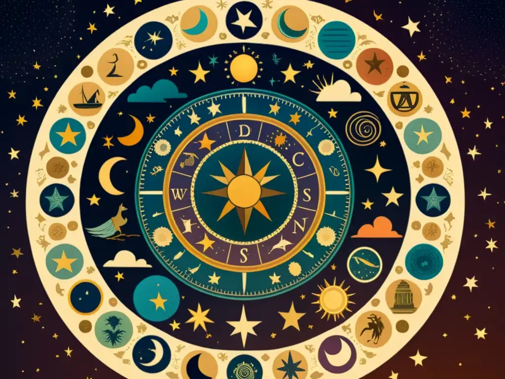 Ilustración vintage de los signos zodiacales en un círculo, con detalles intrincados y colores ricos