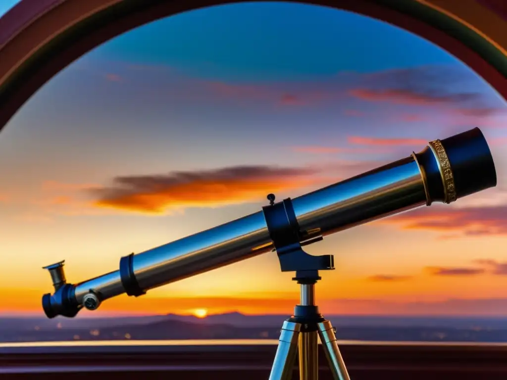 Silueta detallada de un telescopio vintage capturando eclipses astronómicos únicos en un atardecer colorido