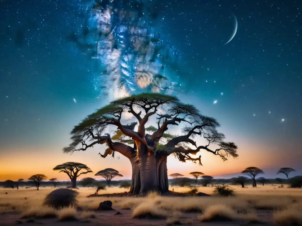 Siluetas de Baobabs bajo el cielo nocturno africano, con estrellas formando constelaciones en una imagen de 8k