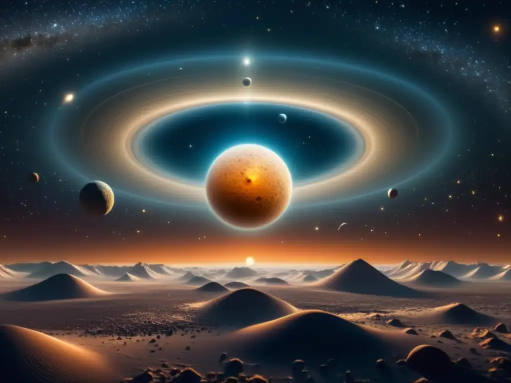 Una simulación detallada del Cinturón de Kuiper y la Nube de Oort, con un estilo vintage que evoca ilustraciones astronómicas antiguas