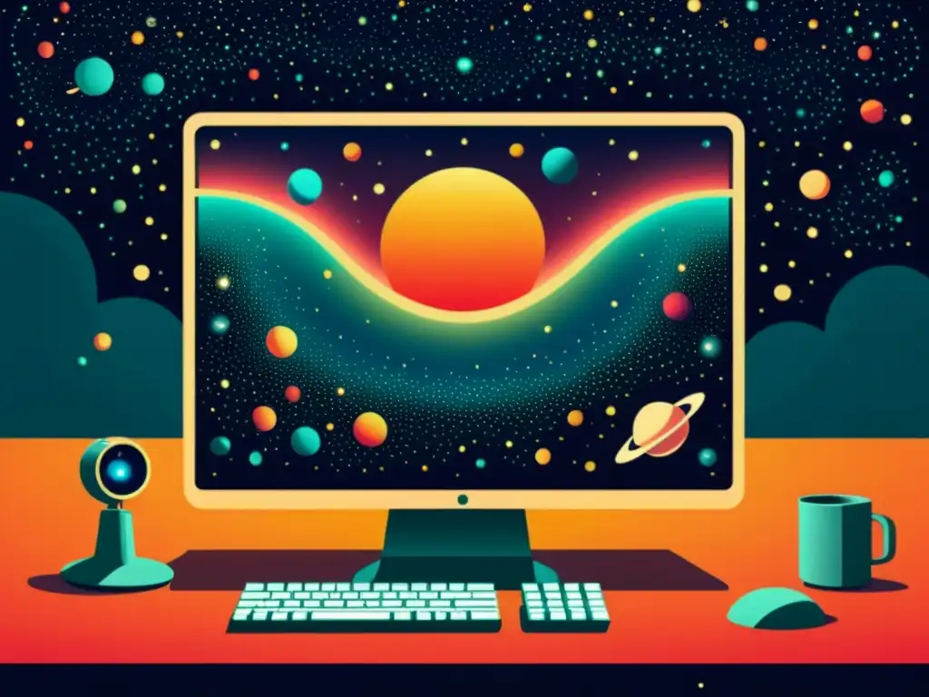 Simuladores de universo para explorar: Una ilustración vintage de una pantalla de computadora que muestra un cosmos simulado, con detalles intrincados de galaxias, estrellas y sistemas planetarios