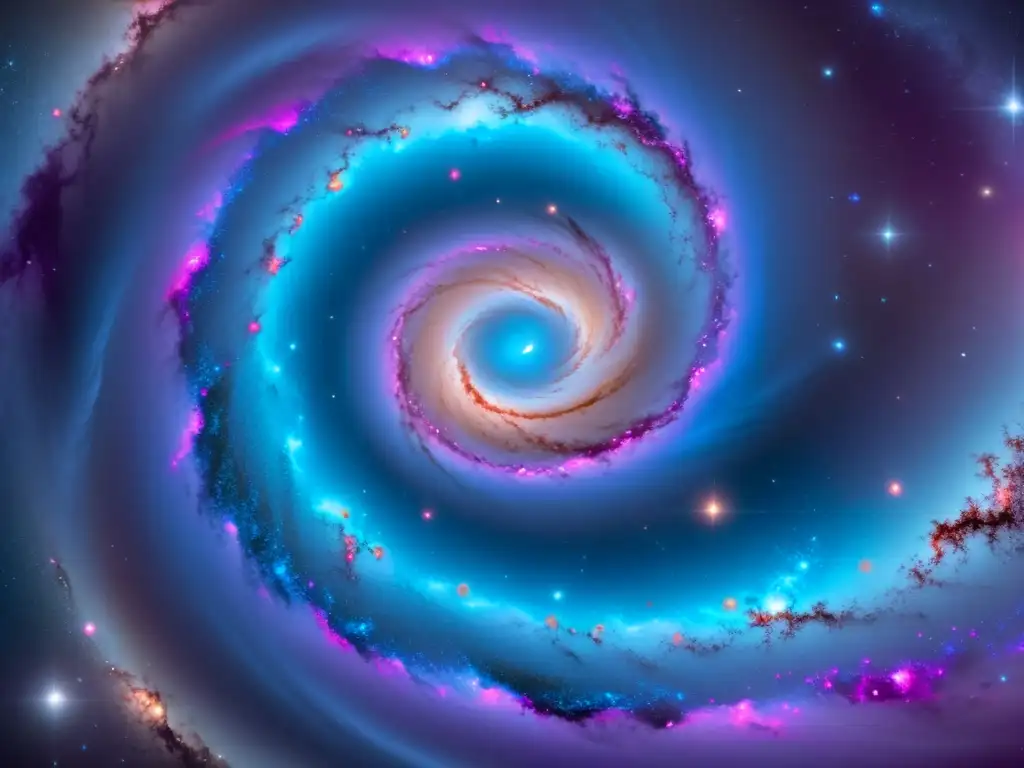 Exploración simuladores 3D universo profundo: Ilustración vintage de una galaxia espiral con tonos azules, morados y rosados, estrellas y nebulosas