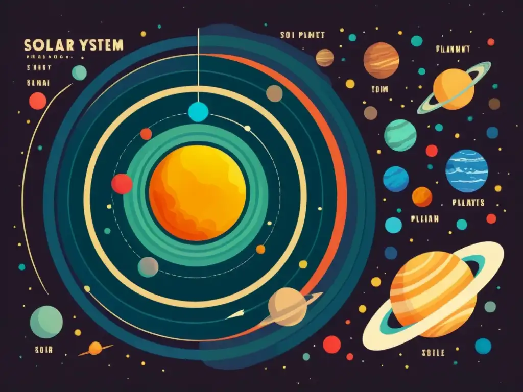 Una ilustración vintage de alta resolución del sistema solar, con colores vibrantes y detalles de cada planeta