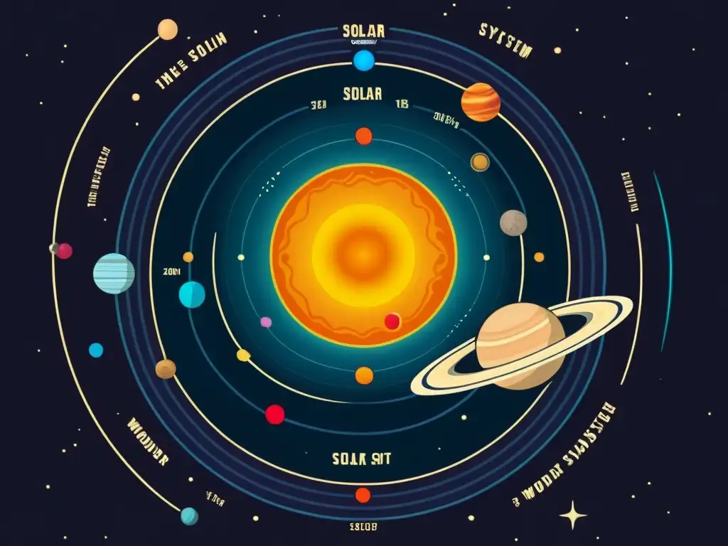 Una ilustración vintage de alta resolución del sistema solar, con planetas detallados y órbitas