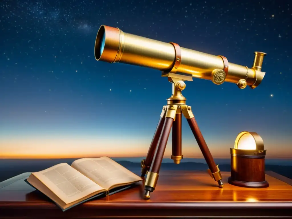 Sistemas avanzados para observatorios personales: Telescopio vintage de latón y madera, rodeado de instrumentos astronómicos antiguos y libros en una noche estrellada