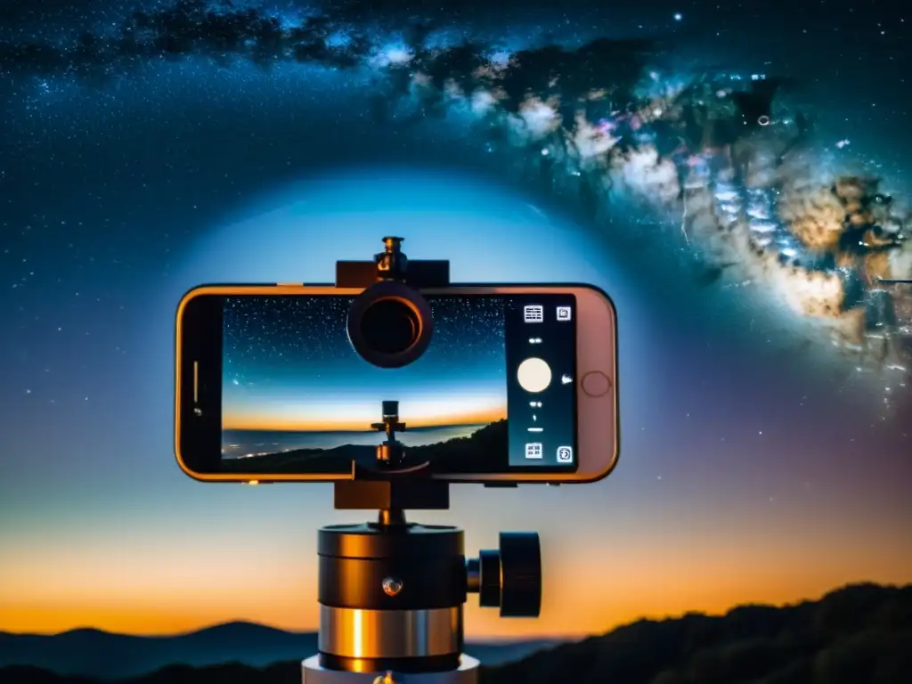 Un smartphone vintage con adaptador de astrofotografía captura la maravilla del universo en tonos cálidos y nostálgicos