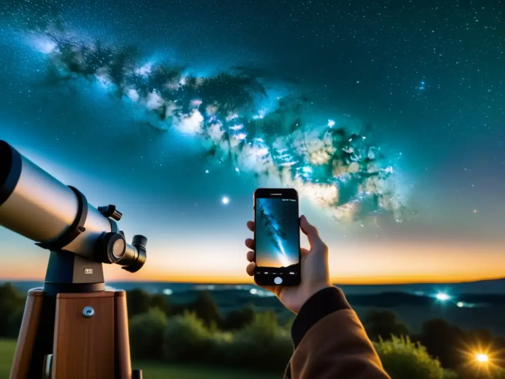 Un smartphone vintage captura la belleza de las estrellas a través de un telescopio, mostrando el potencial de la astrofotografía para entusiastas