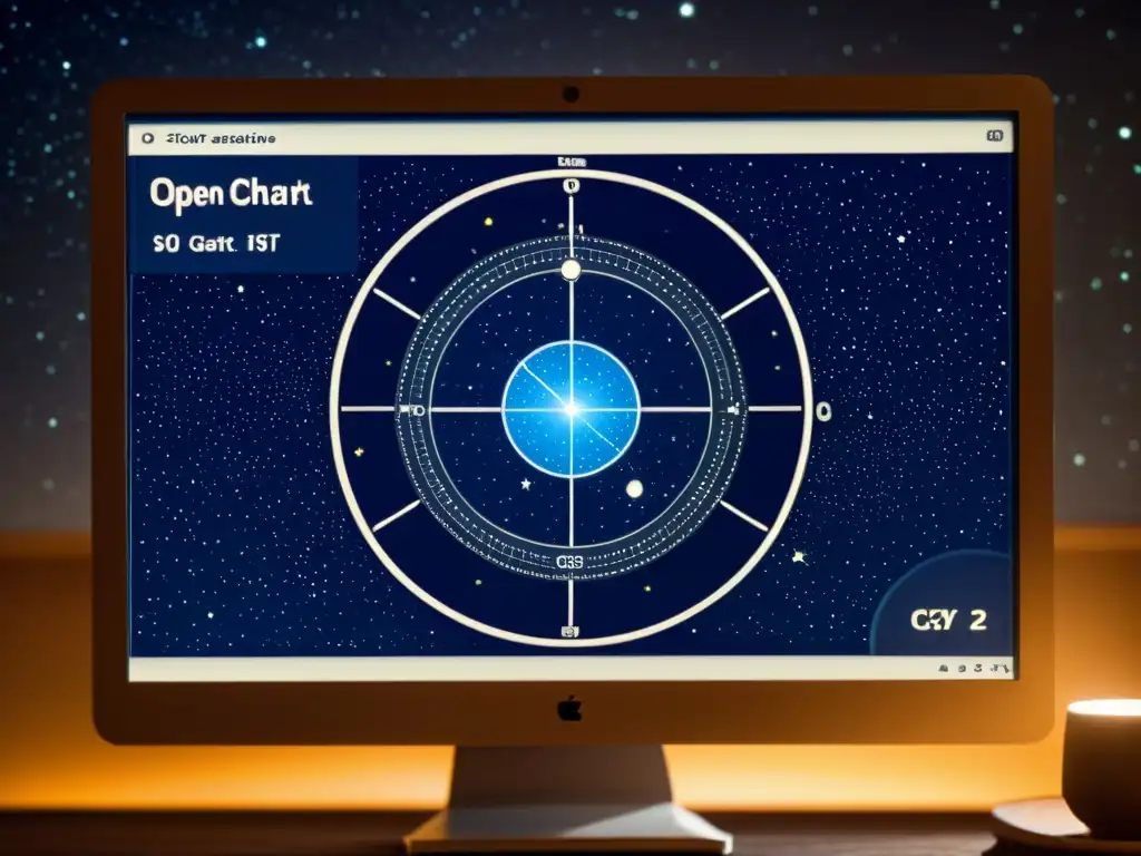 Configurar software astronómico observatorio virtual: Imagen nostálgica de pantalla con mapa celestial y configuración de telescopio