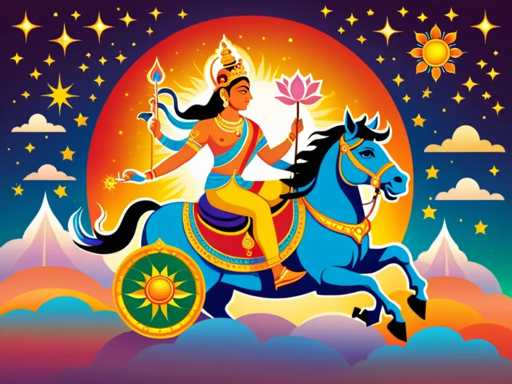 Surya, el dios hindú del sol, cabalga en su carro a través del cielo, rodeado de siete caballos de colores del arco iris