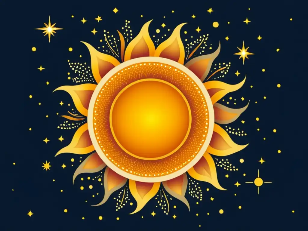 Una ilustración vintage del sol con detalles intrincados de llamaradas solares y prominencias, sobre un fondo de cielo estrellado