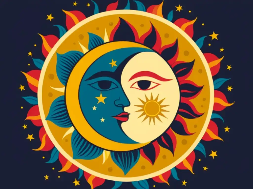 Ilustración vintage del sol y la luna entrelazados en un eterno baile de amor y traición en el firmamento indígena, con estrellas brillantes como diamantes