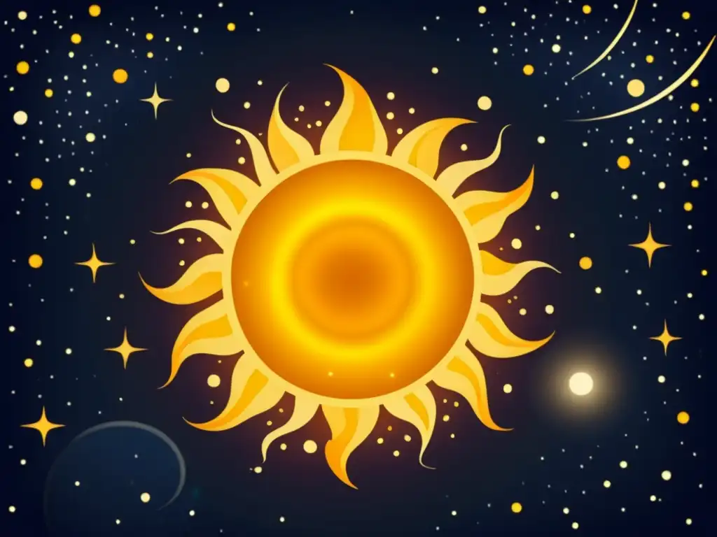 Dinámica ilustración del sol con prominencias solares y constelaciones en un cielo estrellado, evocando la belleza del cosmos