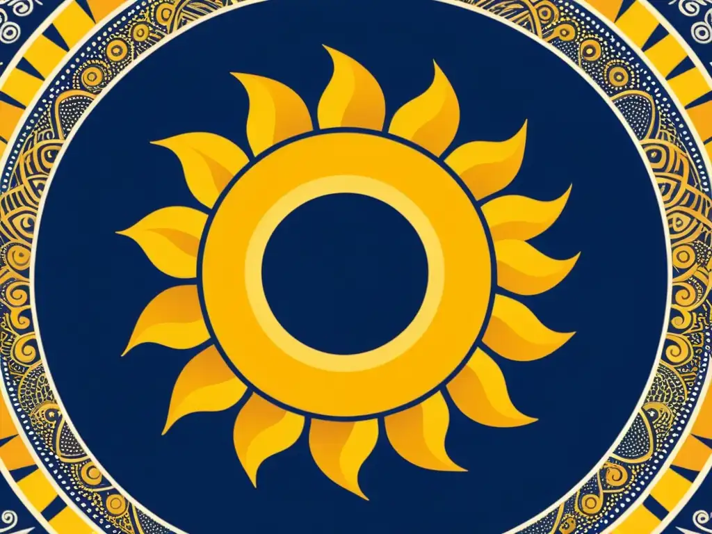 Un sol vibrante con patrones geométricos y rayos en tonos azul y dorado, simbolizando el significado cultural del Sol