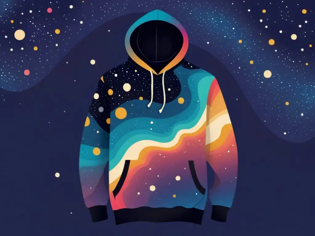 Sudadera con diseño cósmico en un ambiente celestial, evocando elegancia y encanto espacial