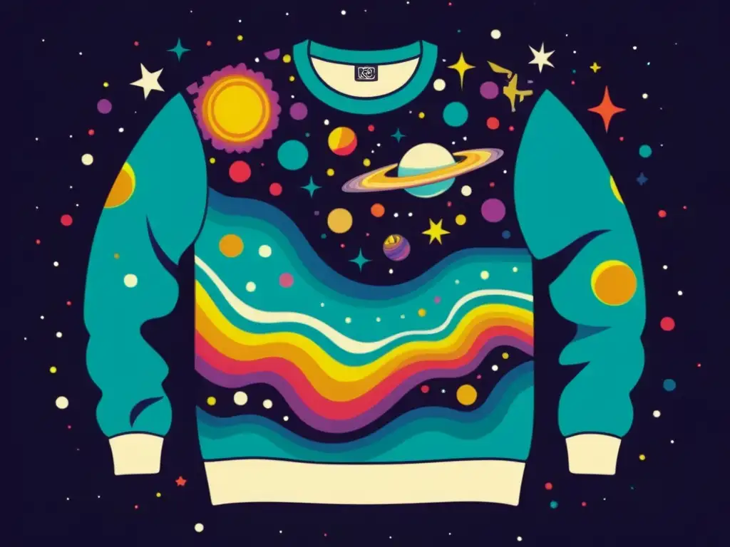 Una sudadera vía láctea de diseño espacial flotando entre galaxias, estrellas y nebulosas, evocando comodidad y estilo retro-futurista