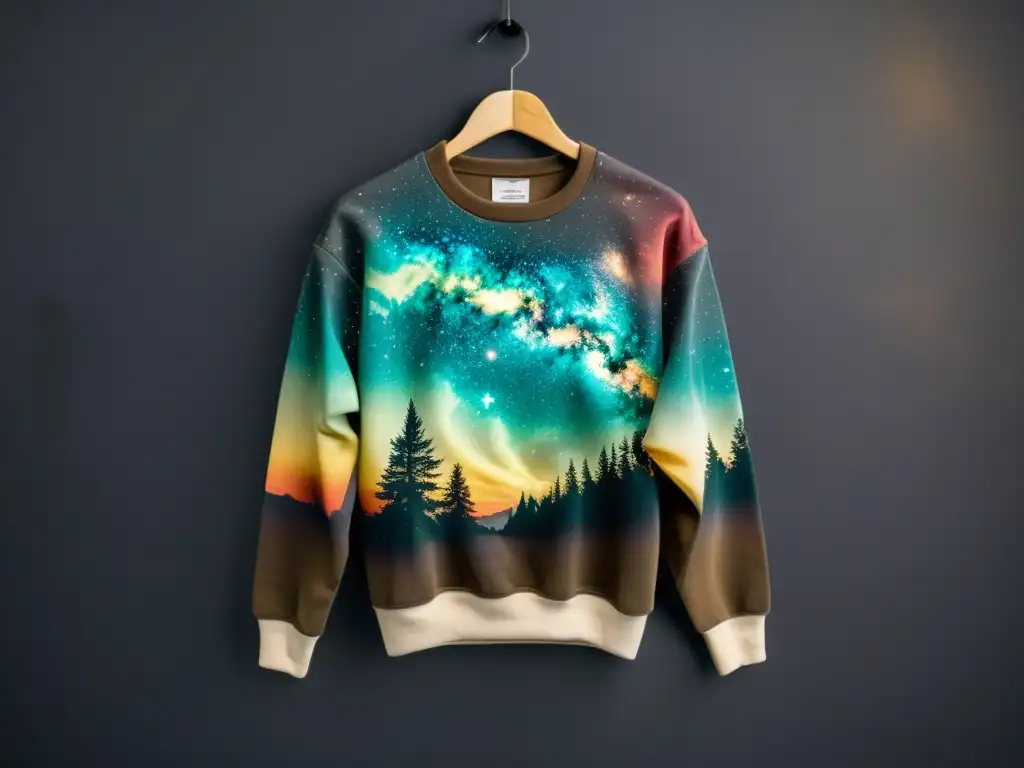 Una sudadera vintage con diseño cósmico, evocando la Vía Láctea y elementos celestiales en tonos vibrantes sobre fondo oscuro