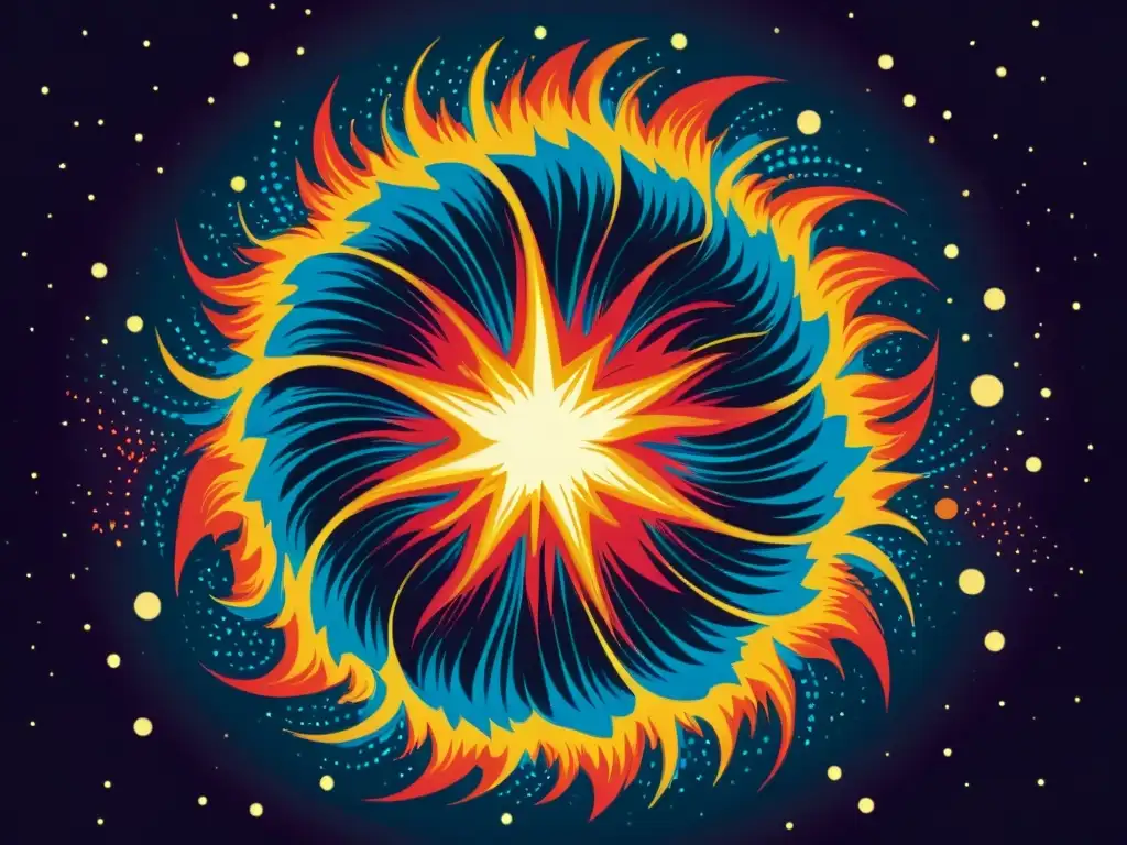 Una ilustración vintage de una supernova masiva, con colores vibrantes y detalles intrincados que capturan la belleza celestial y el poder destructivo de este evento cósmico