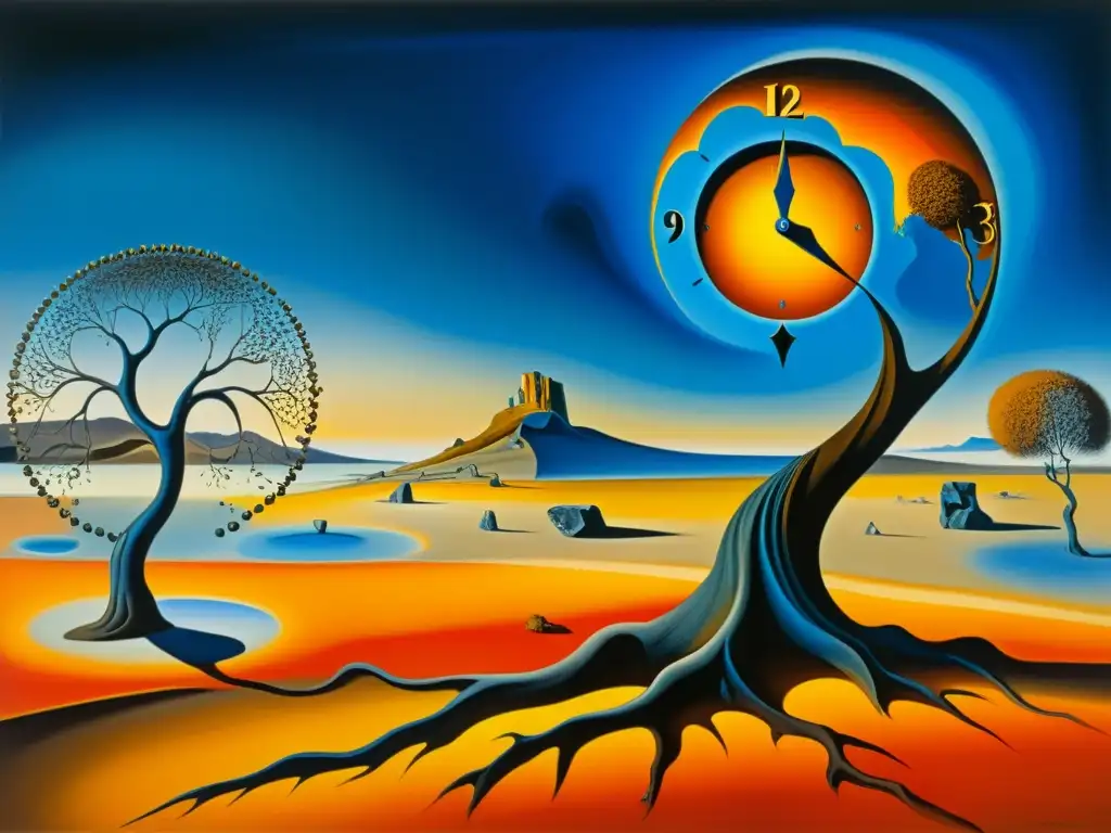 Representación surrealista de un paisaje con reloj derretido sobre rama distorsionada