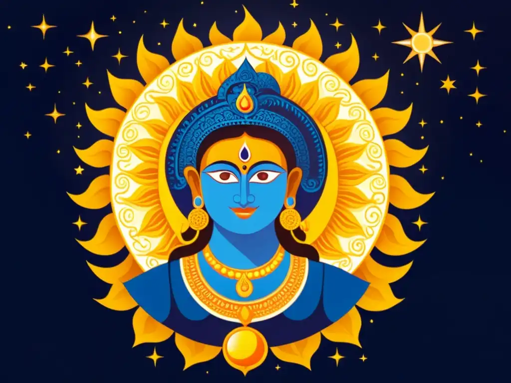 Surya y Chandra, dioses del Sol y la Luna en una ilustración vintage detallada con un significado astrológico de Surya y Chandra