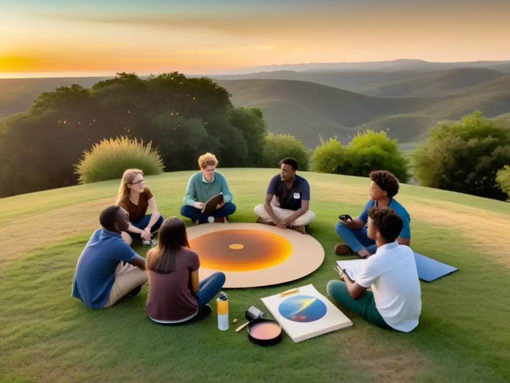 Un taller creativo de astronomía y arte al atardecer, rodeado de estudiantes inspirados observando el cielo y pintando