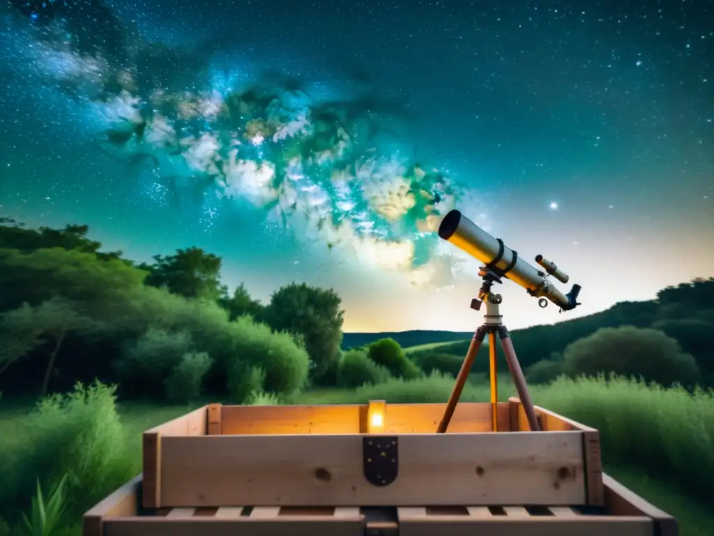 Taller de astrofotografía para principiantes: noche estrellada con la Vía Láctea brillante, telescopio rústico y atmósfera vintage