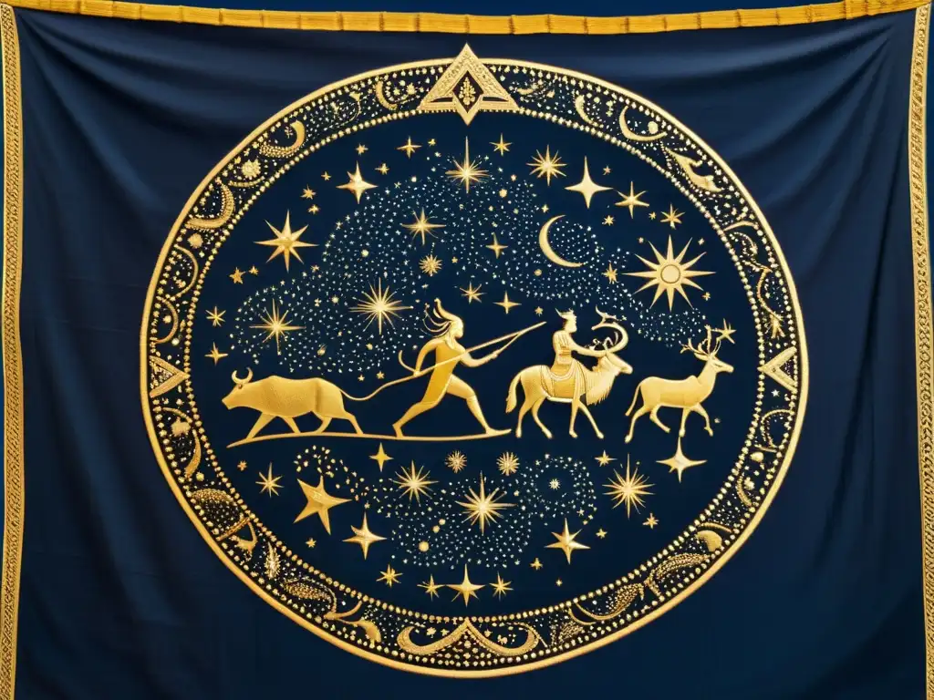 Tapestry dorado de los Siete Rishis mitología estelar sobre fondo azul, con escenas hindúes y bullicioso mercado en la India