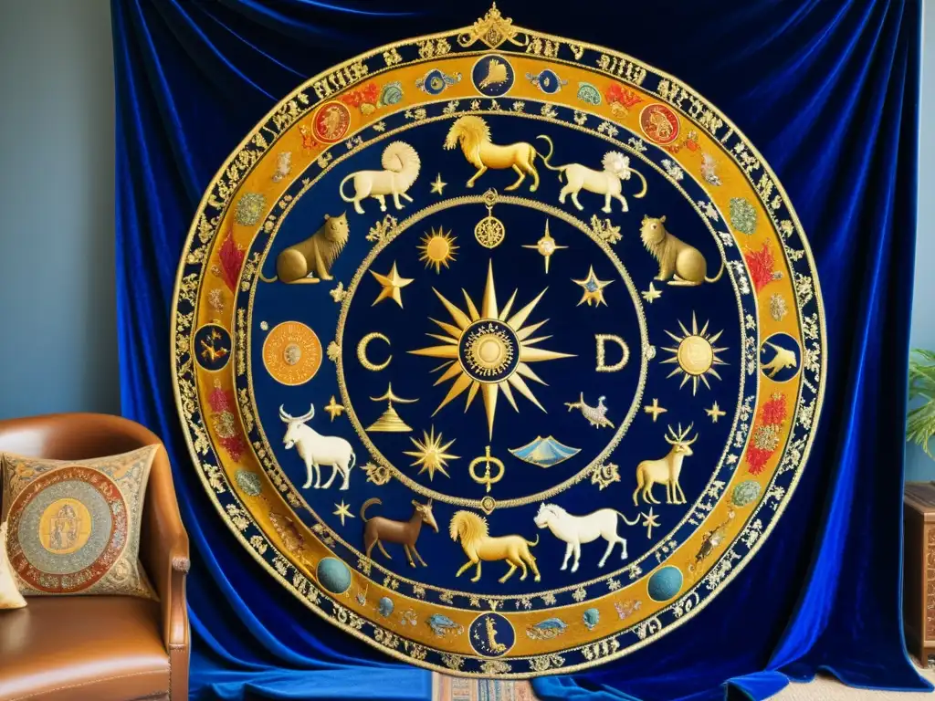 Una tapestry vintage detallada con los signos del zodiaco en colores vibrantes sobre terciopelo azul real, evocando misticismo antiguo y arte