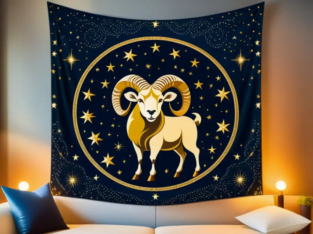 Un tapiz vintage muestra la constelación de Aries con estrellas doradas y un majestuoso carnero en su centro