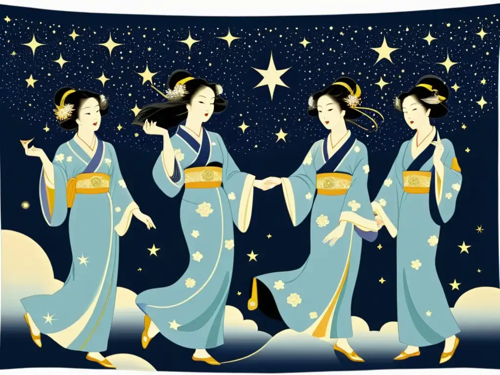 Un tapiz japonés vintage detalla a las hermanas de la constelación de las Pléyades danzando entre nubes cósmicas y estrellas