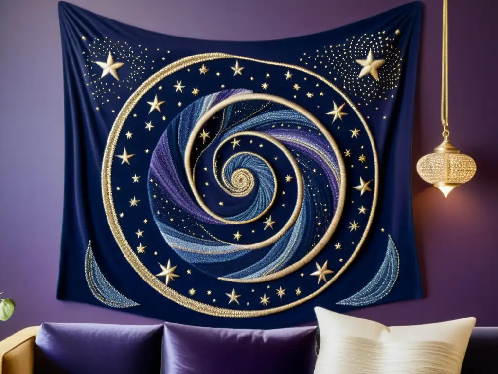 Un tapiz vintage inspirado en el cosmos, con tonos índigo, violeta y azul medianoche, hilos de oro y plata representando estrellas y polvo cósmico