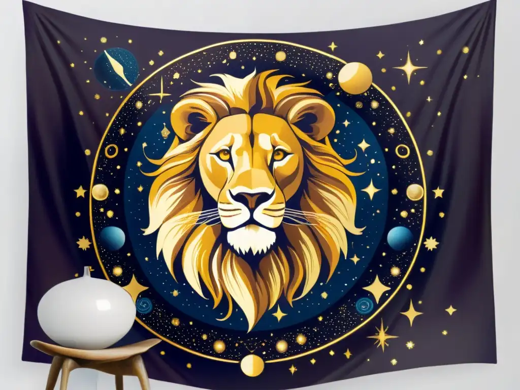 Tapiz vintage con majestuoso león dorado en medio de simbolismos astrales y mitología africana, evocando una atmósfera mística y ancestral