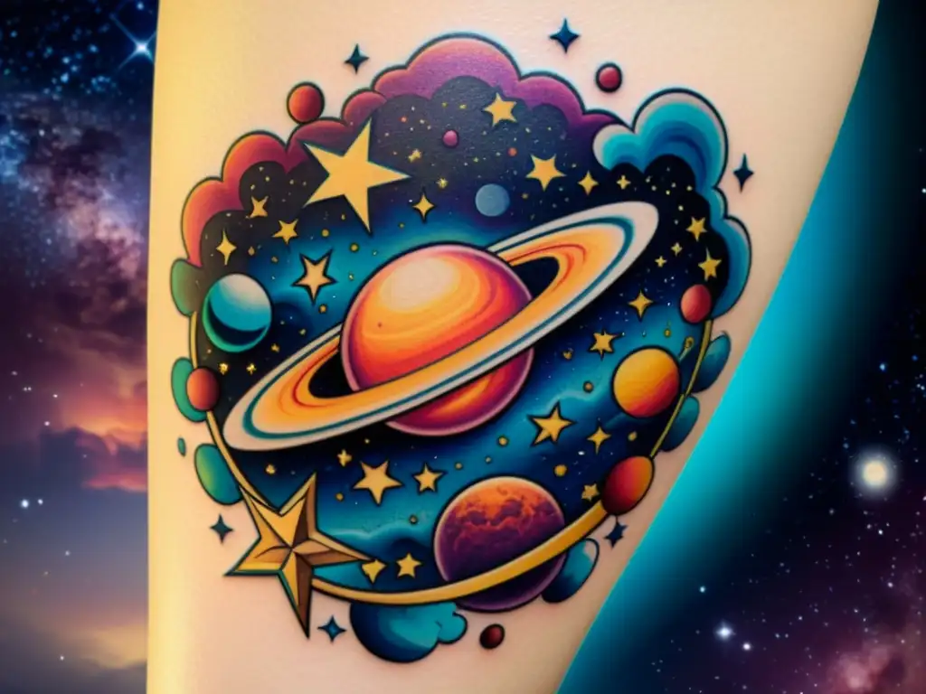 Un tatuaje estelar de mitología cósmica, con detalles celestiales y colores vibrantes