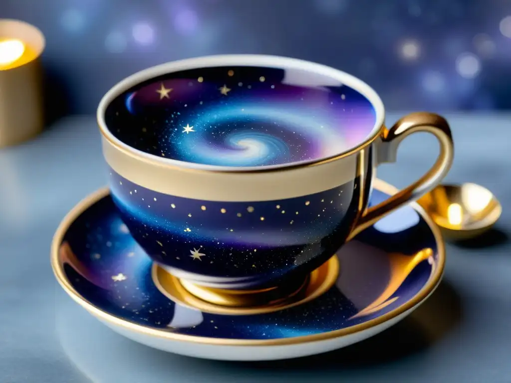 Una taza vintage de café con estampado estelar en tonos azules y morados, acentuada con estrellas plateadas