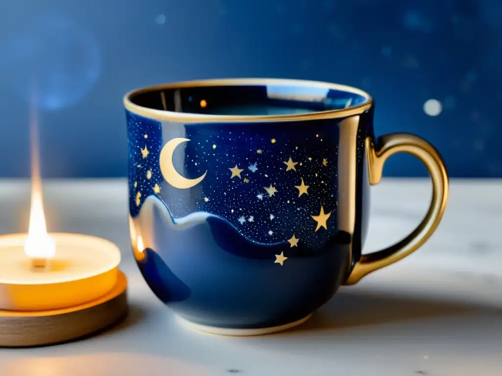 Una taza de café vintage con un diseño celestial en azul profundo, perfecta para los amantes del café y los accesorios café estampados estelares