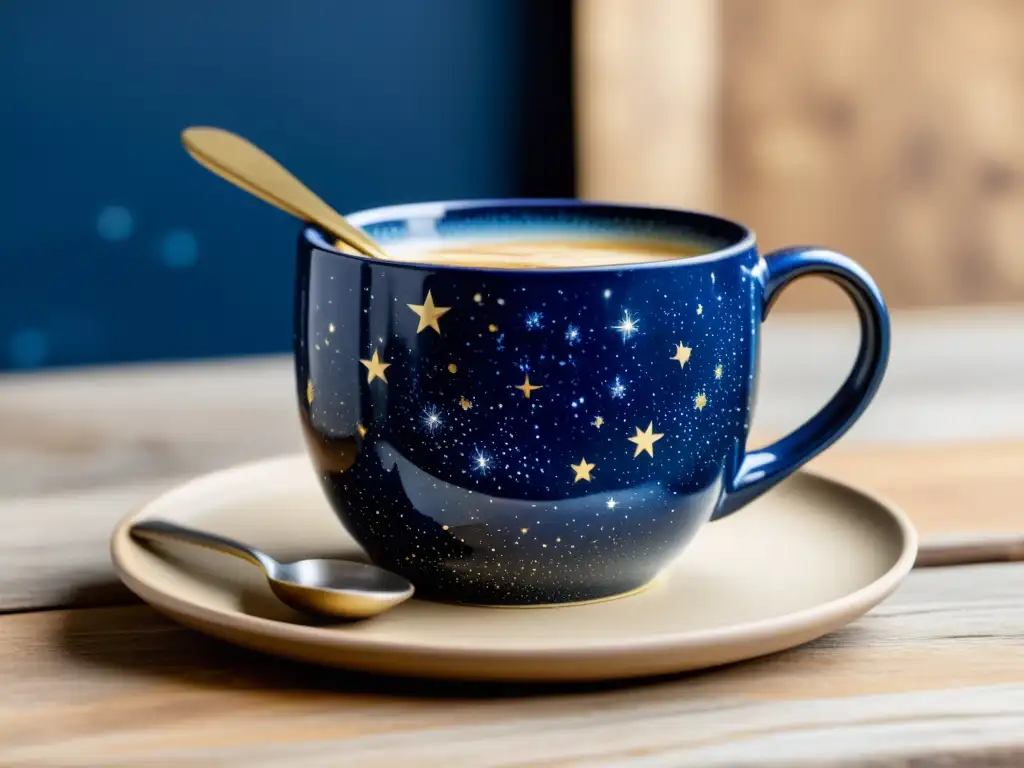 Una taza de café vintage con estampados estelares en azul y dorado sobre mesa de madera, con accesorios café estampados estelares