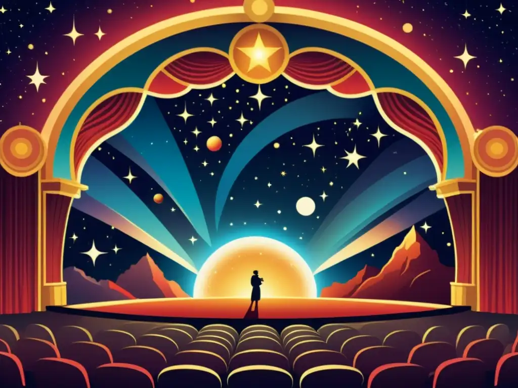 Teatro celestial con representación dramática de fenómenos astronómicos en escenario vintage